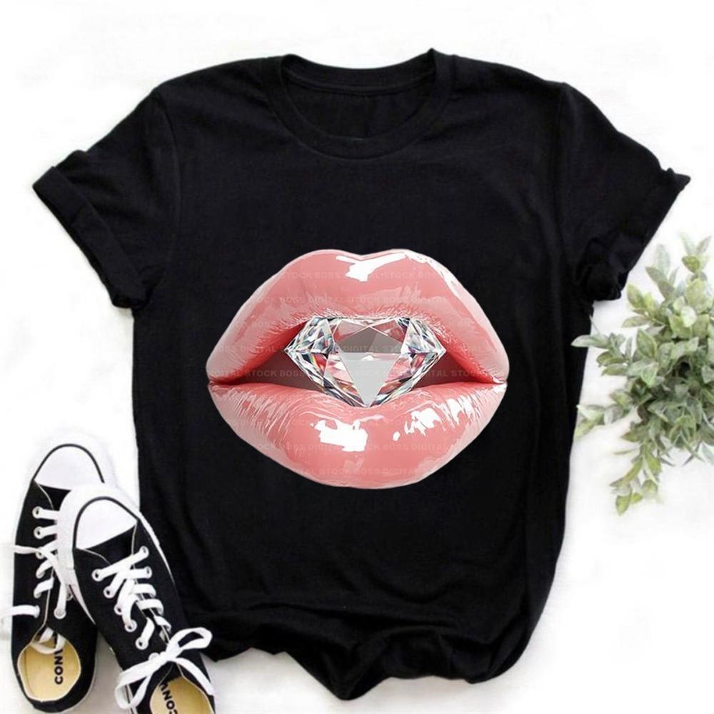 Vintage Jeweled Lips Print Crewneck Short Sleeve Unisex Casual Polyester Graphic T-shirt for Daily Streetwear