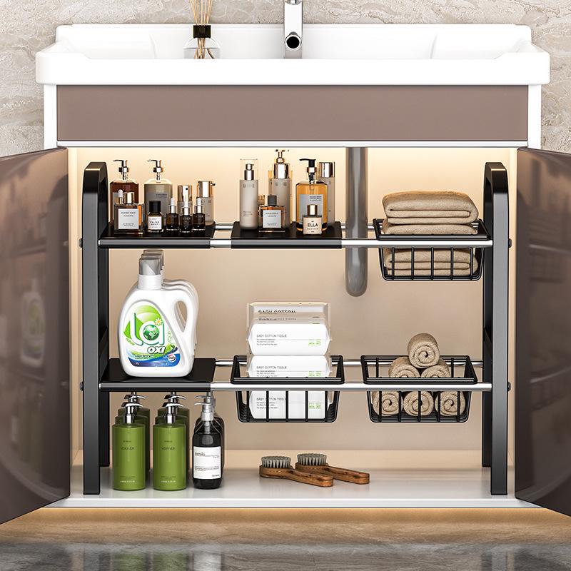 Retractable Under Sink Kitchen Organizer and Multifunctional Dish & Pot Rack