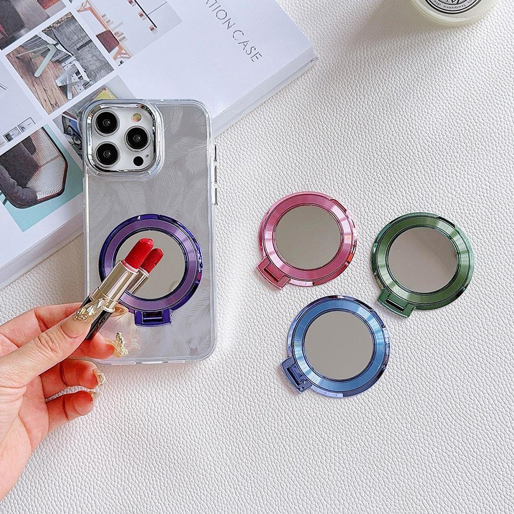 Suporte magnético para celular eletrogalvanizado em cores doces, dobrável, antiqueda, anel de metal, fivela, adesivo traseiro, espelho de maquiagem