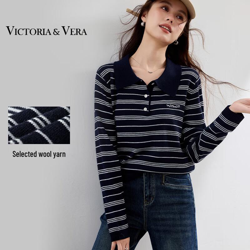 

VICTORIA&VERA Women s Autumn Striped Polo Knit Sweater with Wool XL