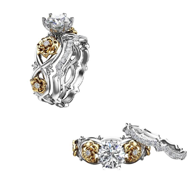 Plated Gold 2pcsset Flower Ring Women Elegant Design Fashionable And Simple