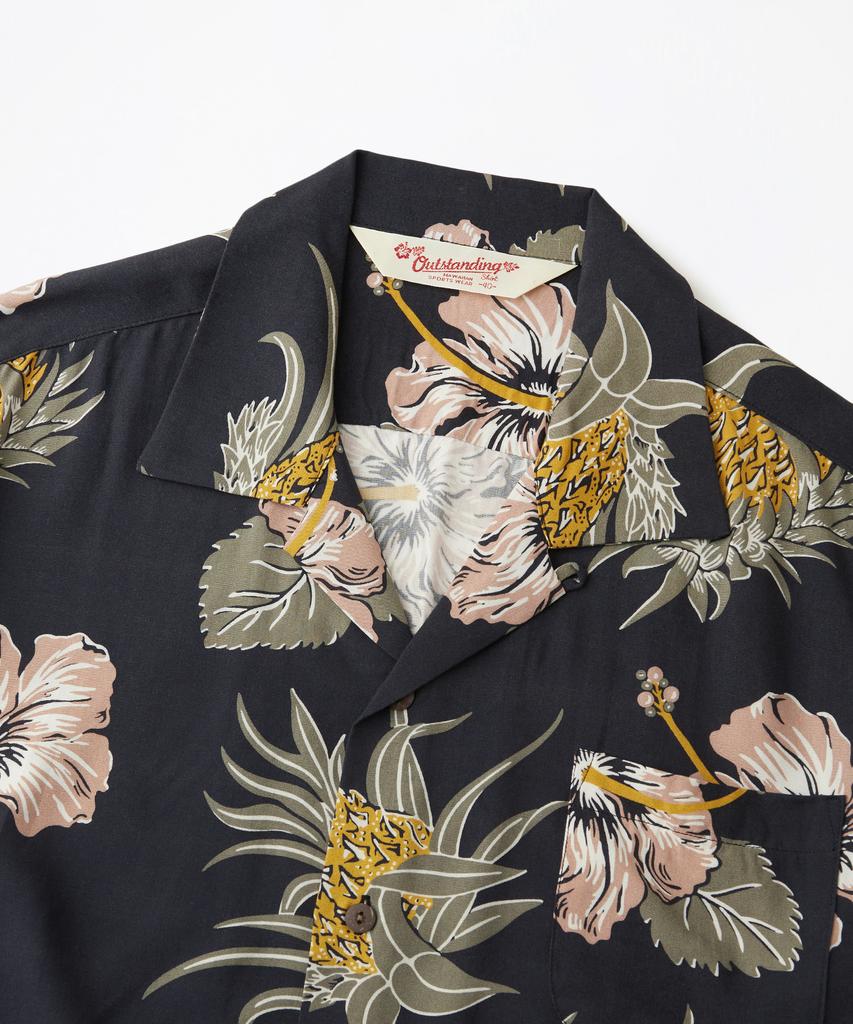 OUTSTANDING Hawaiian Open Collar Half Shirt Hibiscus_Black