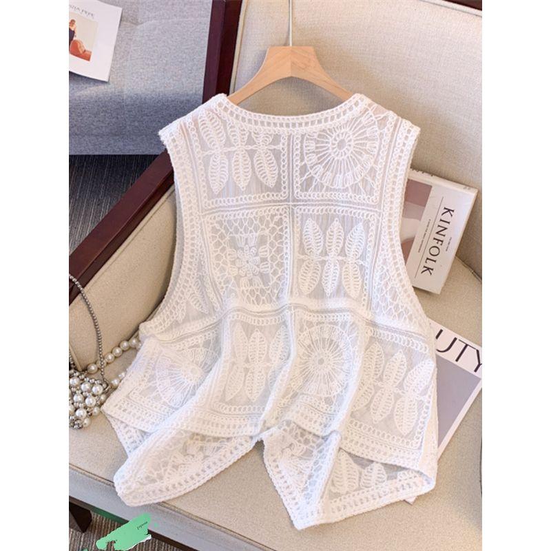 Plus Size Women's Clothing Fat Sister Summer White V-neck Single-Breasted European French Hollow Sleeveless Cardigan Vest L-4XL