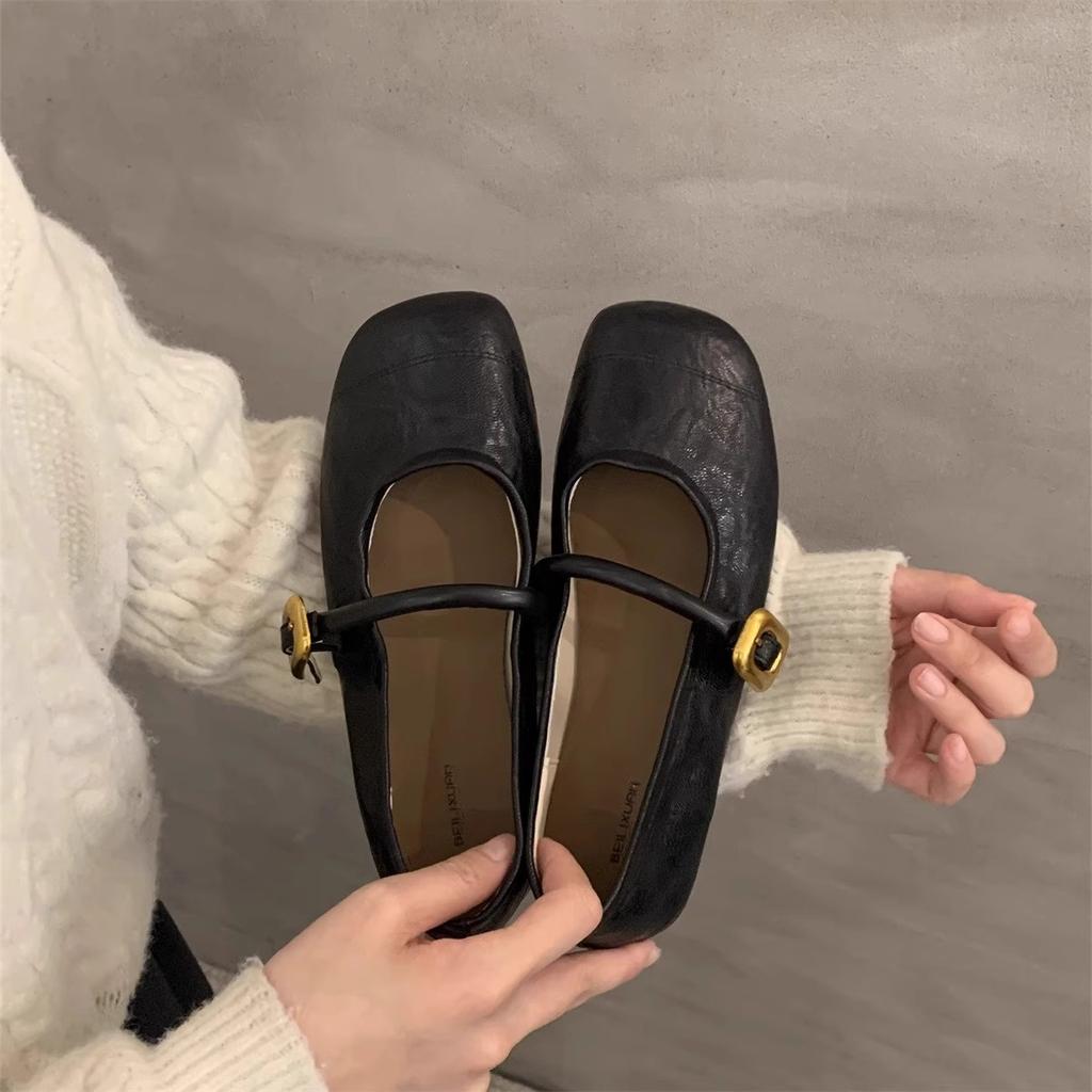 Sheepskin version 2025 spring new soft-soled Mary Jane shoes women's commuting versatile flat-bottomed round head shallow mouth one-word belt single 