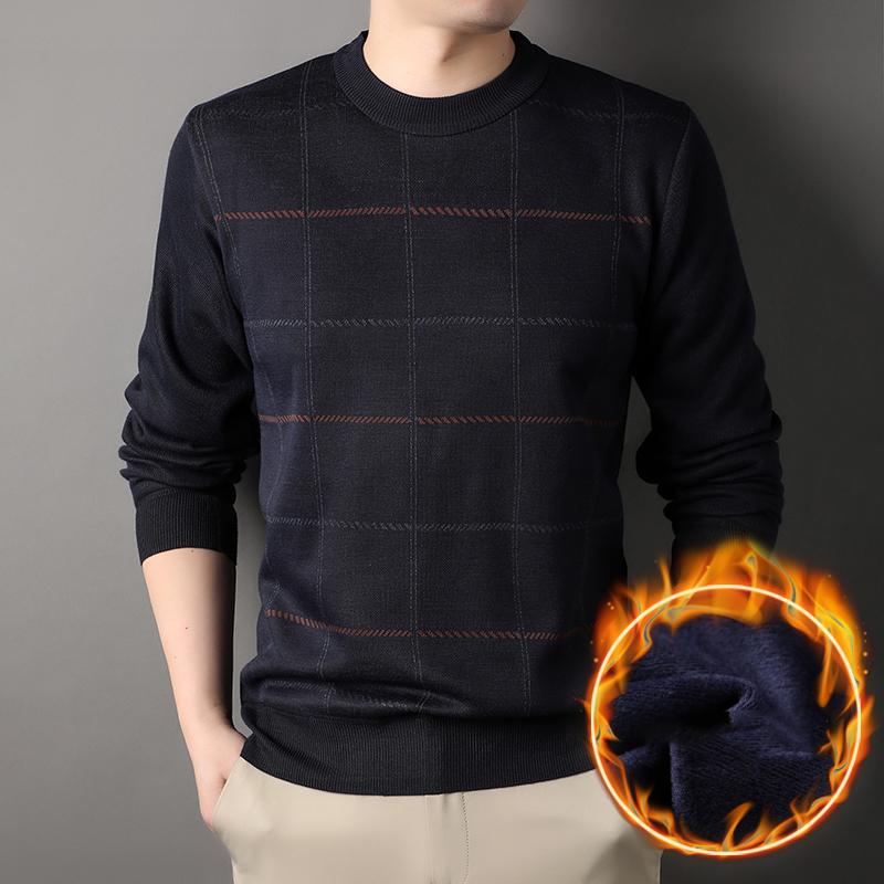 Round Necked Sweater for Men with Plush Insulation and Inner Layer for Men with Bottom Layer Men's Autumn and Winter Black Knit