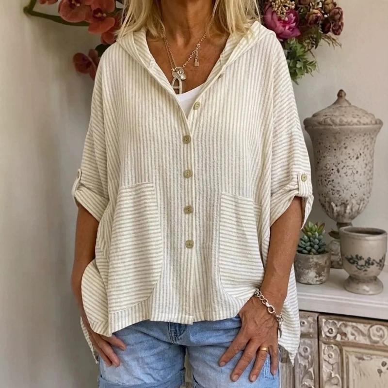 Women Striped Hooded Button Front Loose Casual Shirt Blouse S белый