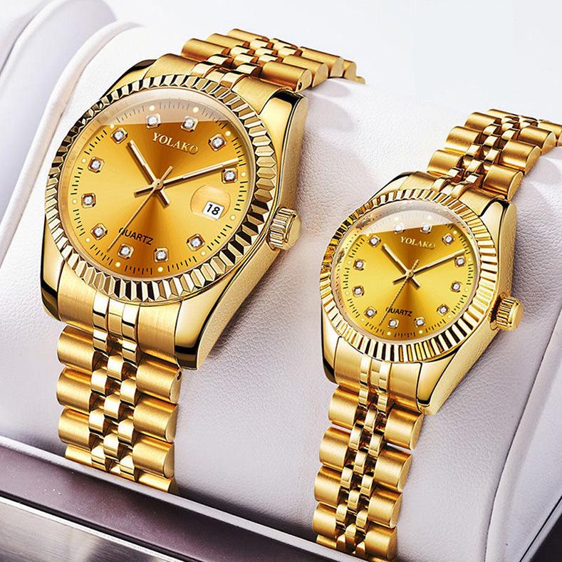 Orologi da Coppia Acciaio Inossidabile con Cinturino, Calendario, Viso con Strass Dorati: Moda Casuale Quarzo da Uomo e da Donna