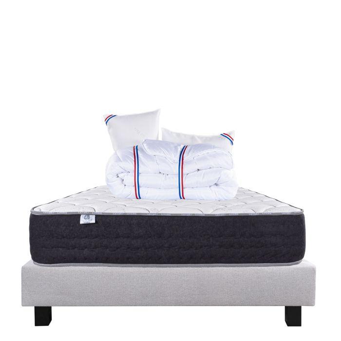 Ensemble Matelas 140x190 cm, Sérénité, 27 cm, ressorts ensachés, ferme, face été/hiver + sommier gris ep20cm + 2 oreillers + couette