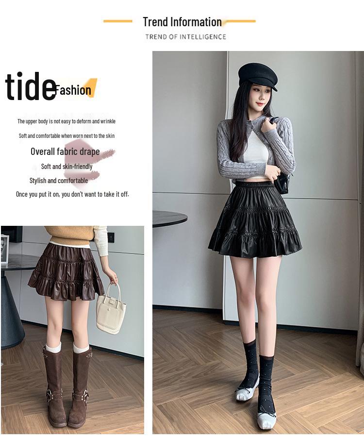 Hoher Taillen-Leder-Rüschen-A-Linien-Minirock - Herbst/Winter 2025 Koreanische Mode