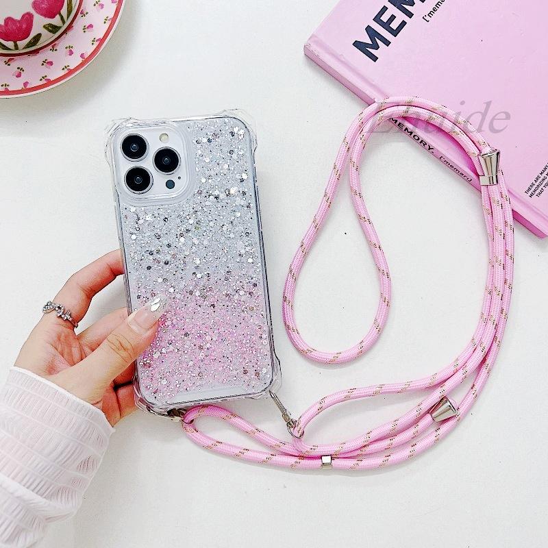 Four Corners Strap Glitter Case For iPhone 17 Pro Max 16 15 11 12 13 14 Plus Air Shockproof Crossbody Lanyard Rope Cord Cover
