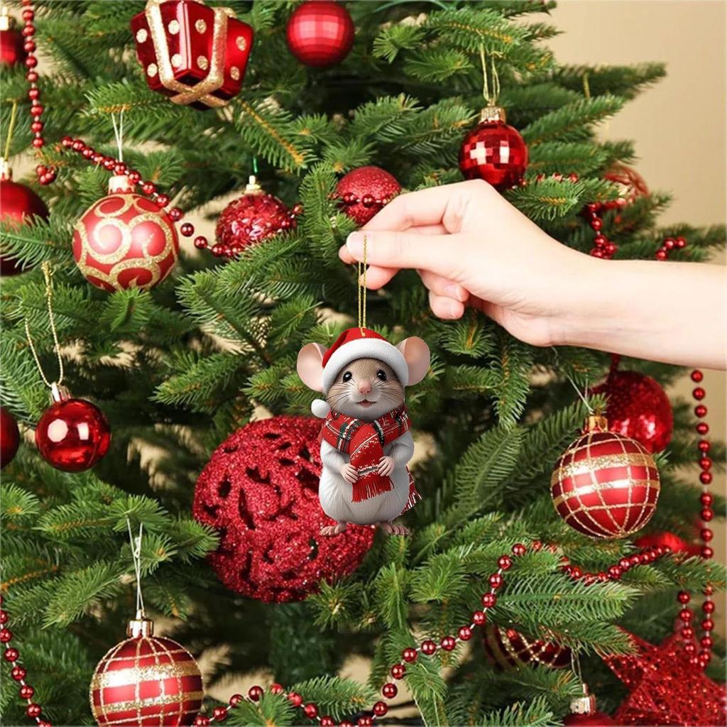 Christmas Mouse Decor Cute 4-Piece 2D Acrylic Christmas Decorations Mouse Holiday Tree Ornaments for Wall Door Window Outdoor