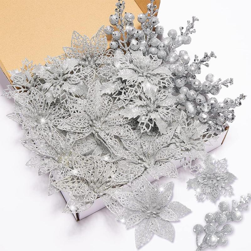 20Pcs Christmas Decoration Glitter Berrie Artificial Flower Bouquet Christmas Tree Ornament for Home New Year 2025 Navidad Decor