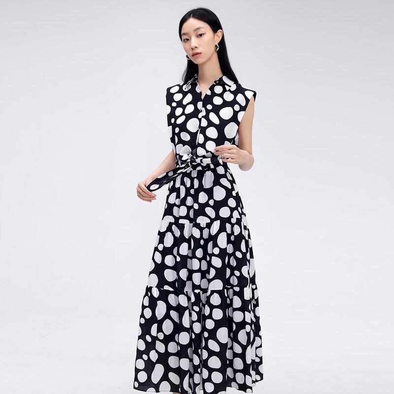 Women's Lapel Polka Dot Sleeveless Long Dress