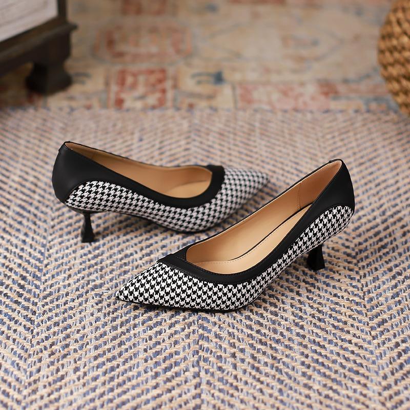 6088-1 French retro thousand bird grid color matching single shoes for women 2025 women's autumn new pointed stiletto high heels for women
