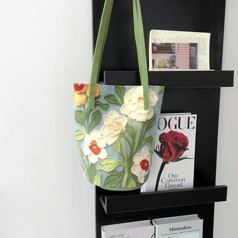 Oil Painting Floral Shoulder Bag, Unique Design Bucket Bag, Large Capacity Tote Commuter Bag, Versatile Women's Handbag