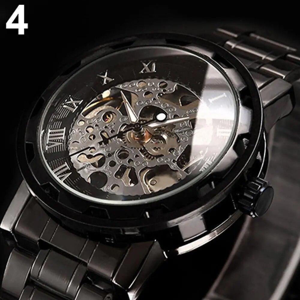 Men Skeleton Roman Numerals Hollow Dial Stainless Steel Band Mechanical Watch Fashion Men's Business Watch