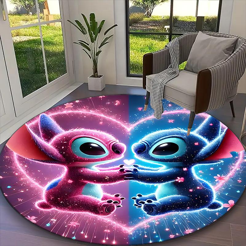 [1pc Stitch And Angel Pink Heart Floral Office Carpet] Easy Maintenance Chair Rug for Conference Room Use, Durable Round Sofa Floor Mat
