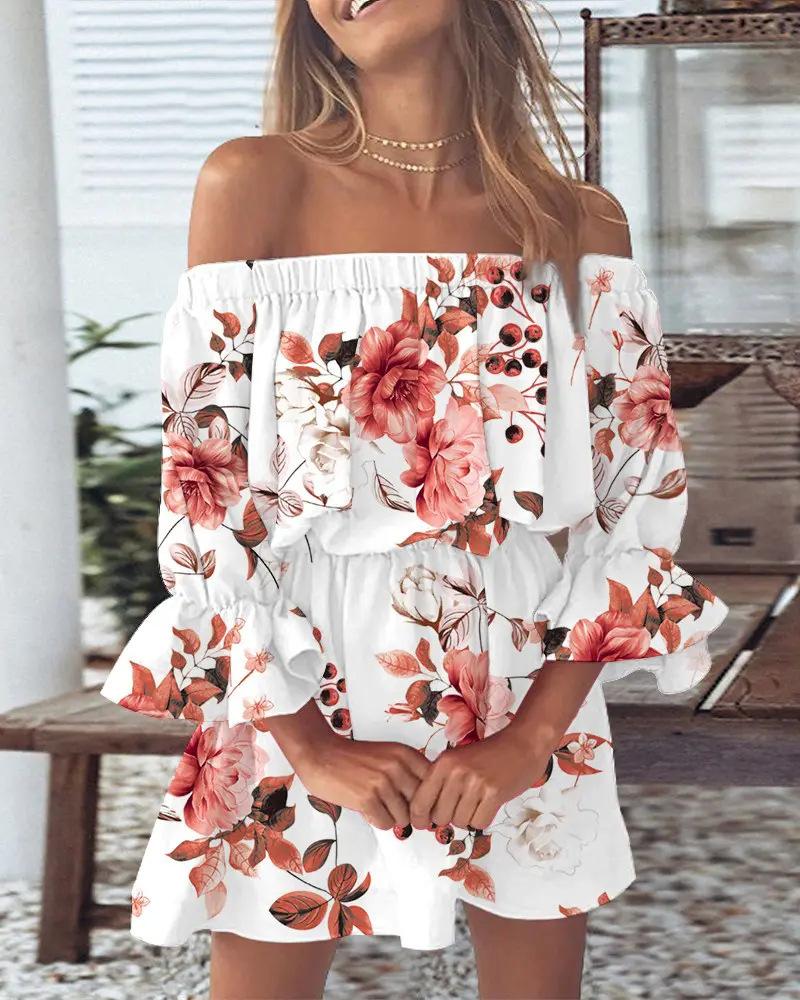 2026 European and American cross-border Amazon independent station sexy fashion one-word shoulder printing dress women's clothing, spot