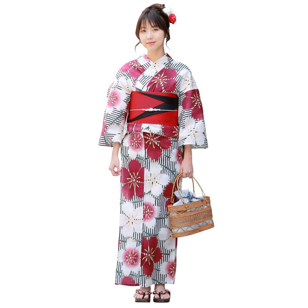 Brilliant Piece Yukata White with Black Stripes and Red and White and Geta "Wa Nadeshiko" Women's Set Nadeshiko. 3-Piece Set Yukata, Obi,
