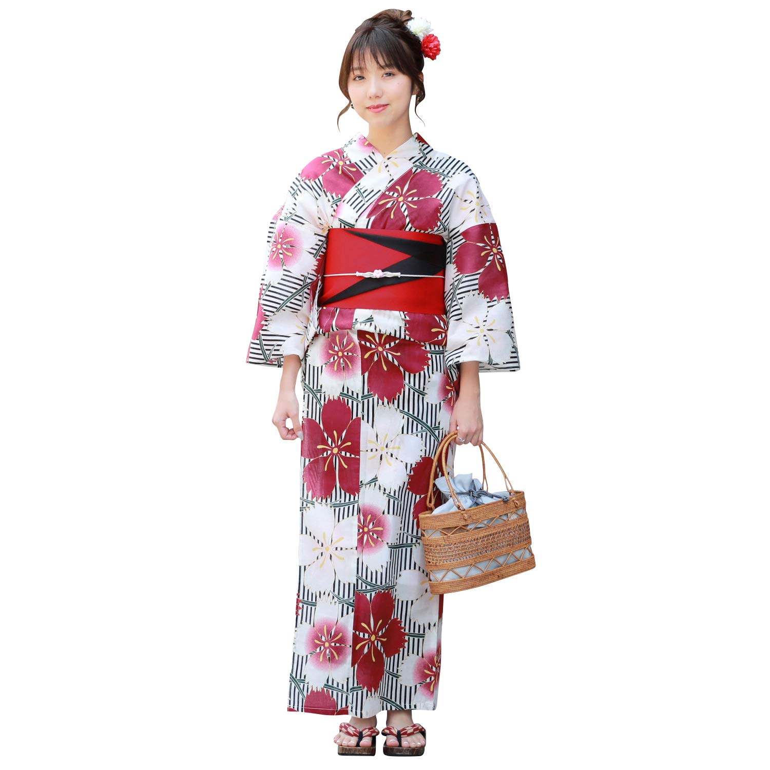 

Юката белая с черными полосками и красно-белая Tokimeki Koi Yukata 3 Piece Geta [Brilliant Piece] Женский комплект, Nadeshiko, Комплект, Юката, Оби, белый