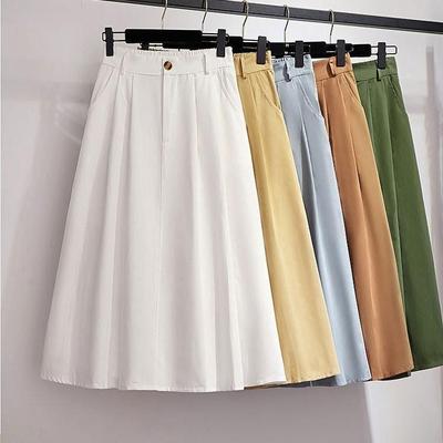 Danmo femmes coton jupe été Preppy Style solide décontracté élégant poche élastique taille haute a-ligne jupes mi-longues