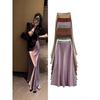 Satin Drape Elastic Waist Midi Skirt - Women's High Waist A-Line for Spring/Summer