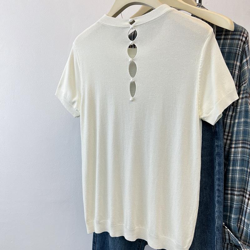 Shoulder milk blue ice silk knitted short-sleeved T-shirt for women, summer new design thin hollow top