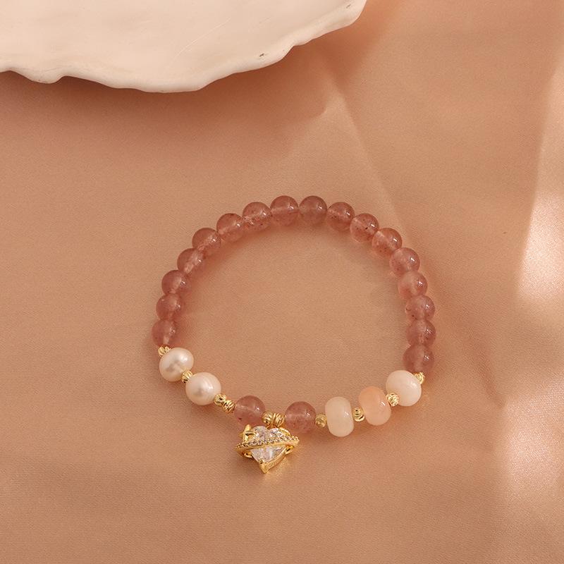 Natural Strawberry Crystal Bracelet, Peach Blossom Bracelet, Moonstone Cat's Claw Crystal Pixiu Natural Freshwater Pearl Bracelet.