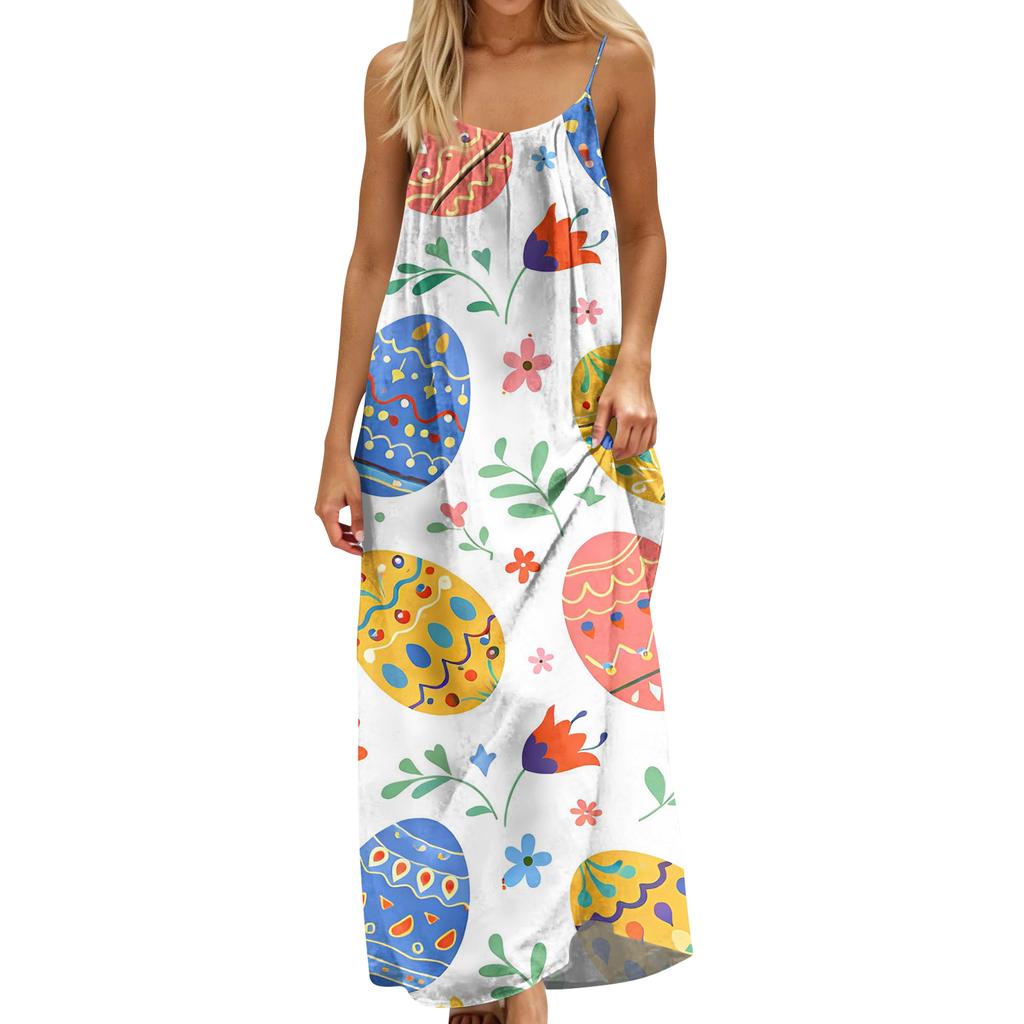 Women's Fashion Backless Spaghetti Strap Casual Loose-Fit Easter Print Dress