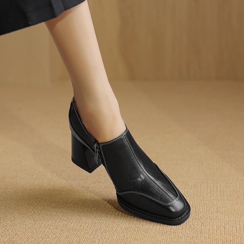 2024 Newest Women Pumps Thick Heels Square Toe Shoes Woman Mature Genuine Leather Spring Summer Basic Office Ladies Working