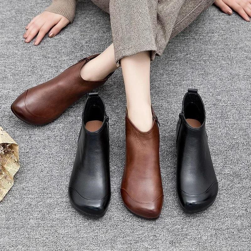 Spring Flat Women's Shoes 2025 Fashion Ankle Boots Retro Casual Plus Size Short Boots Zipper Solid Color Warm Flat Zapatos Mujer