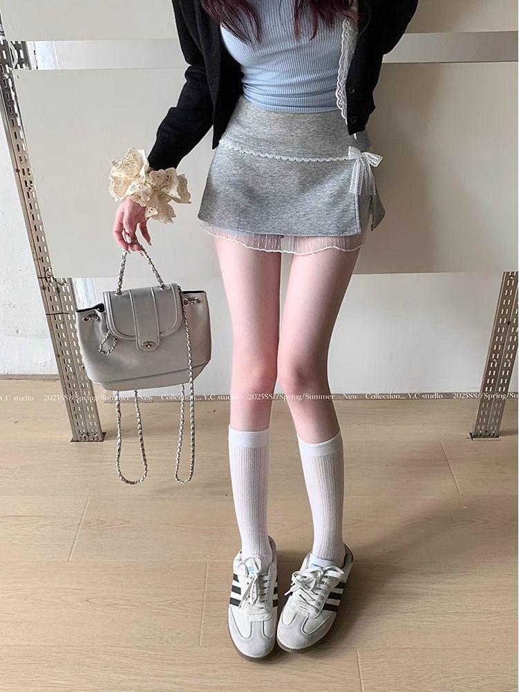 Bowknot Sweet Lace Patchwork High-Waisted A-Line Skirt - Summer Spicy Style Anti-Exposure Hip-Hugging Short Skirt for Women.