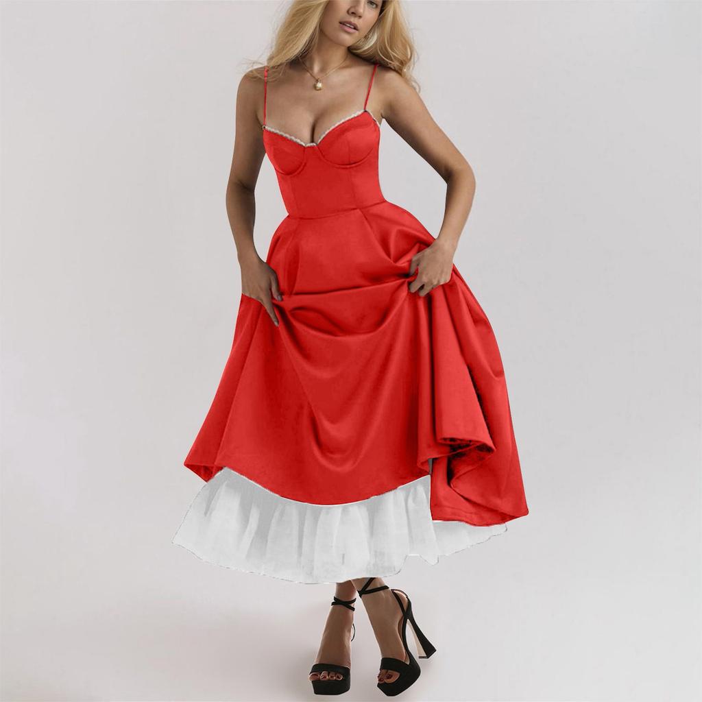 Women's Fashionable Color Princess Dress With Mesh And Double Suspender Dress