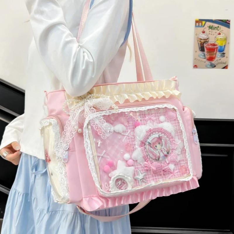 Nuova Borsa a Spalla Dolce Ita Ragazza Lolita Borsa Trasparente a Tracolla Donna Borsa Tote in Pizzo ad Alta Capacità Borsa da Mano Carina per Display Fai da Te