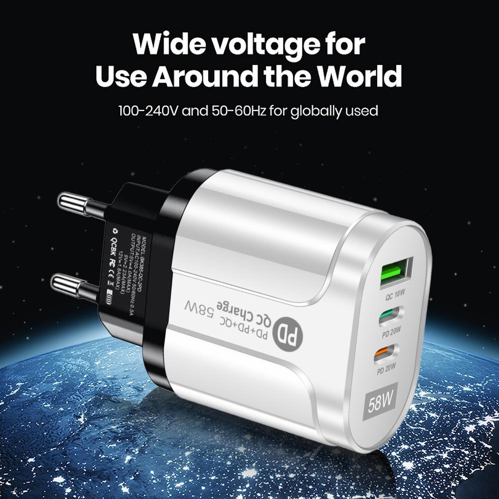58W Dual Fast Charger: 2PD + QC3.0 for EU/US/UK/AU Plugs