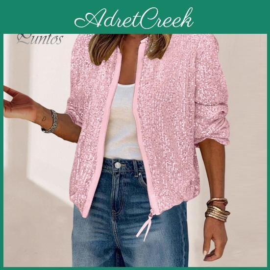 Round Glittering Coat Lady Sequin Neck Zipper Closure Long Sleeves Cardigan Short Type Loose Club Performance Stage Party Jacket