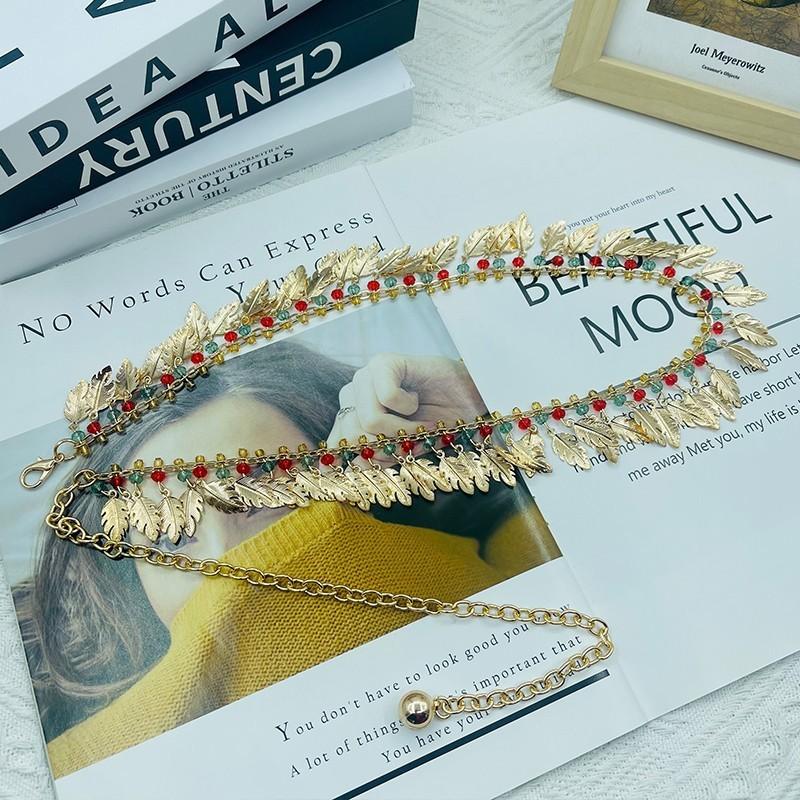 Bohemian Style Metal Waist Chain With Leaf Tassels For Women Party Wear