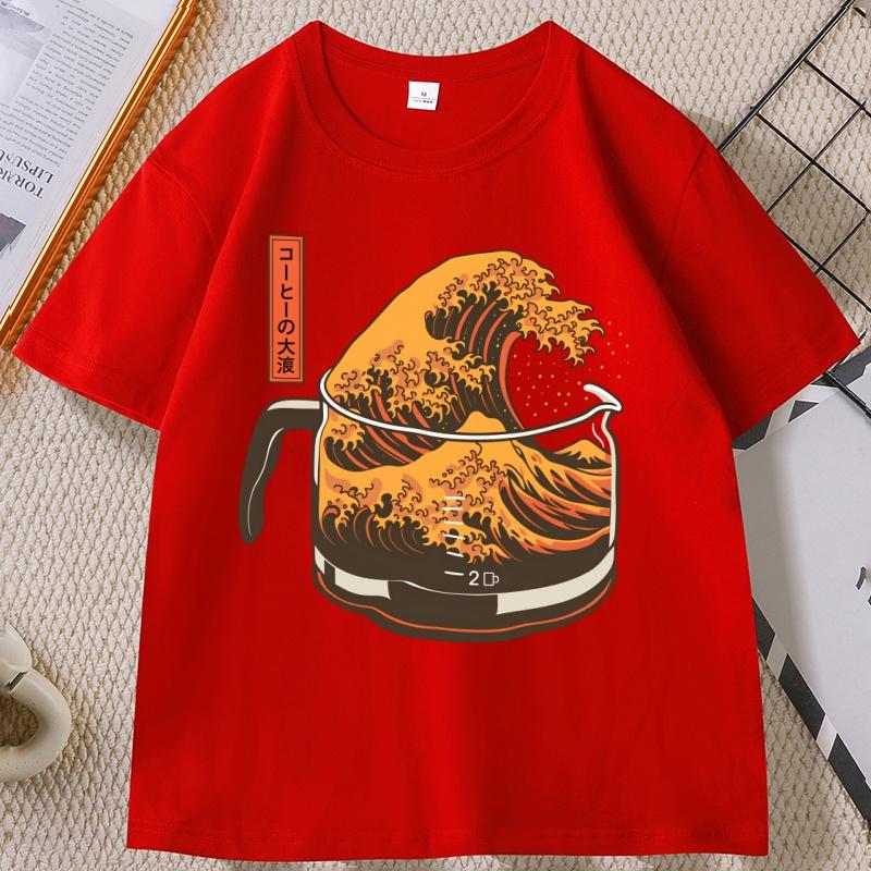 

Hokusai Coffee Wave T Shirt The Great Brew Graphic T-Shirt Kawaii Coffee Wave Tops Casual Men Women Work Tees Mens Clothes XXXL червоний