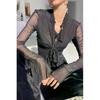 Long Flare Sleeve Sexy Sweet Hot Girls Korean Blouses for Women Lace-up Mesh Fashion Style All-match Solid Design Elegant Casual