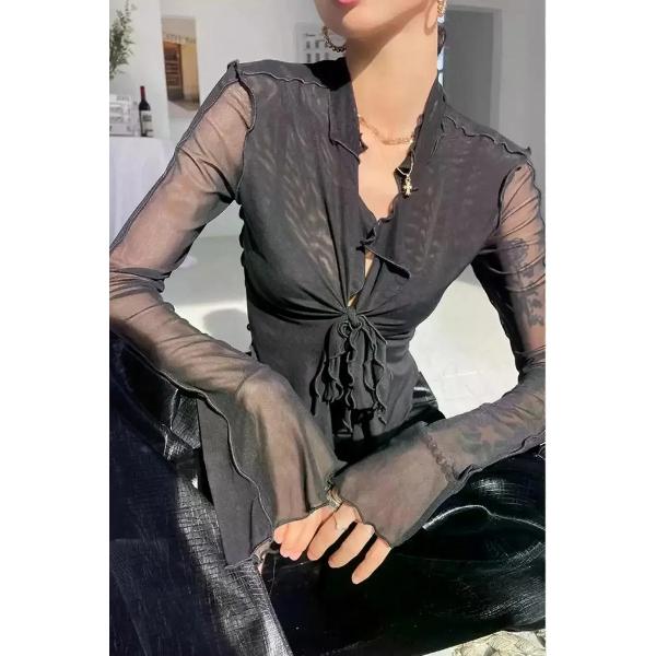 Long Flare Sleeve Sexy Sweet Hot Girls Korean Blouses for Women Lace-up Mesh Fashion Style All-match Solid Design Elegant Casual