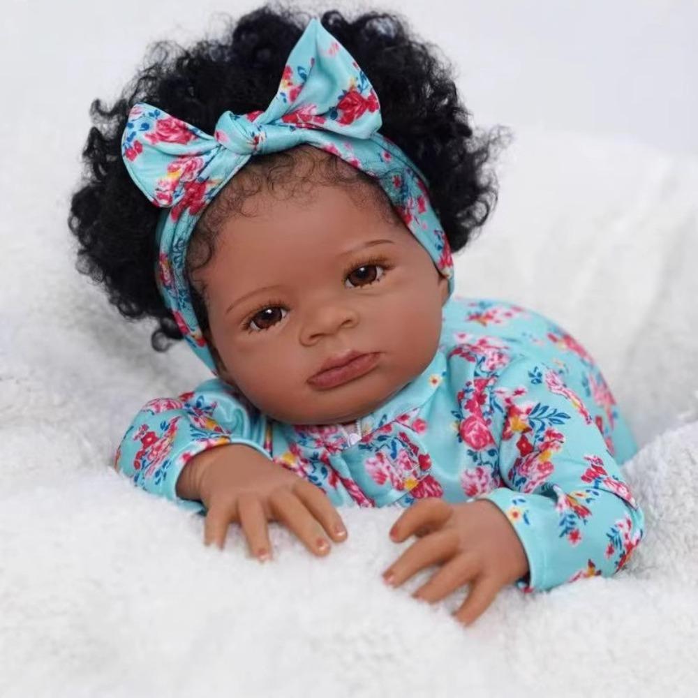 19 Zoll Reborn-Babypuppe Lanny mit weichem Stoffkörper, afrikanische Amerikanerin, dunkle Haut, Neugeborenenpuppen, lebensechte, handimplantierte Wiedergeburtspuppen mit lockigem Haar für Kinderspielzeug