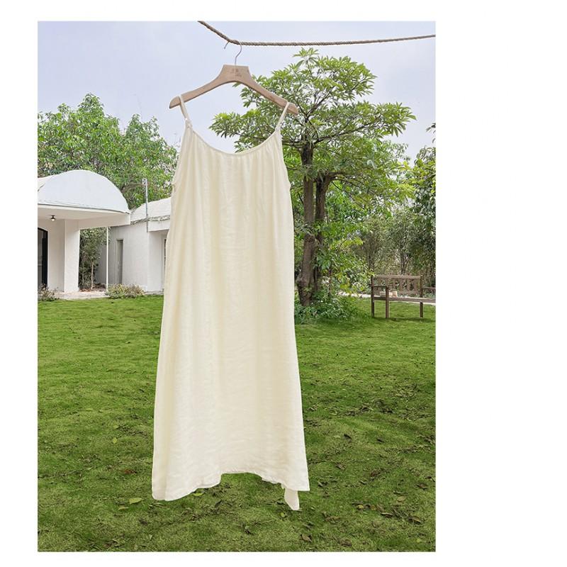Elegant Linen Cotton Slip Dress With Flowy Skirt Loose Fit U-Neck Backless Maxi Vacation