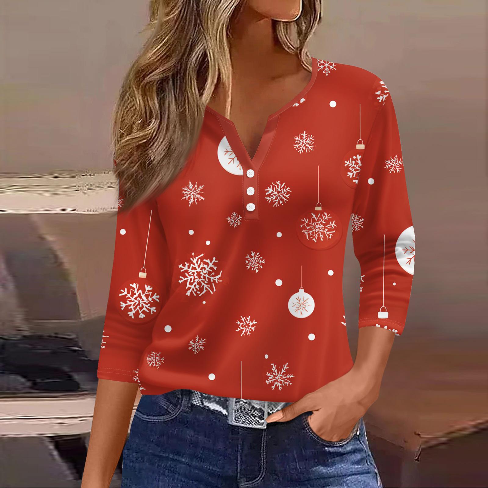 

Женская модная повседневная футболка с принтом рождественской елки, V-образным вырезом, декоративными пуговицами и рукавом три четверти L красный