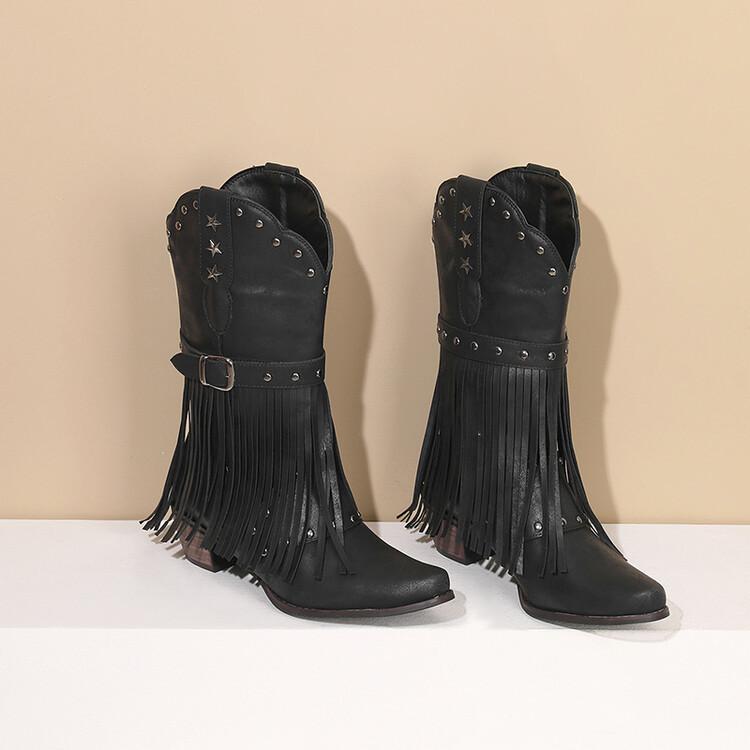 European and American Ethnic Style Square Head Fringed Fashion Boots Women's New Thick Heel Sleeve Fashion Western Cowboy Boots