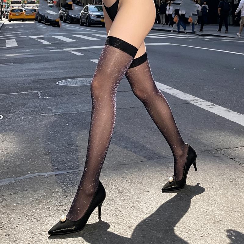 

Sexy Long Tube Stockings Women S Sparkling Silver Thread Ultra Thin High Tube Socks Nightclub Flash High Gloss Sensation One Size