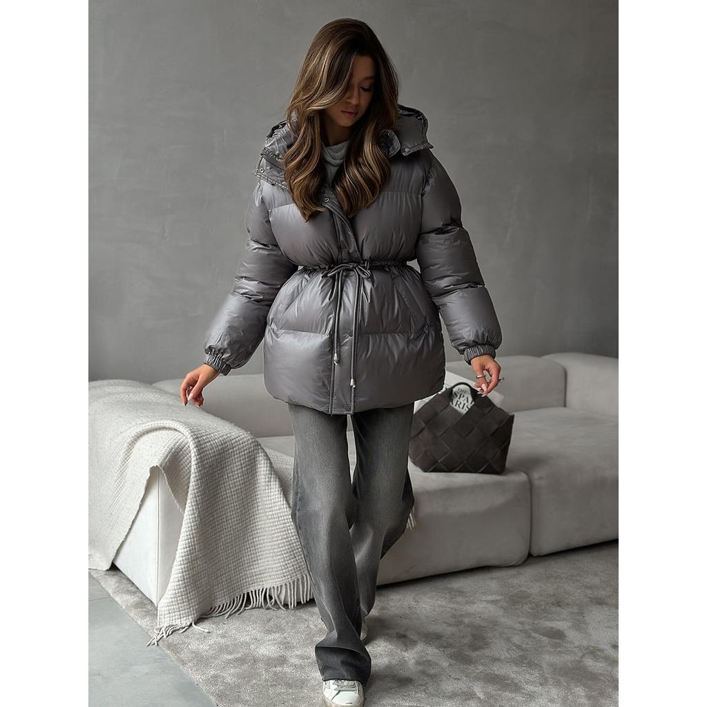 2025 Winter New Women's Drawstring Slim Fit Cotton Coat with Hood Zipper Warm Comfortable Outerwear for Europe and America