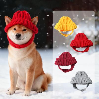 Soft Knit Dog Beanie with Ear Holes Knitted Pet Hat Solid Color Winter Warmer Dog Hat Puppy Beanie Cap for Indoor & Outdoor