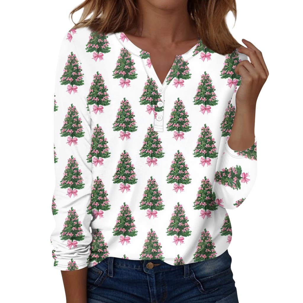 Women's Fashion Casual H Printed V-Neck Long Sleeve Decorative Button T-Shirt Tops