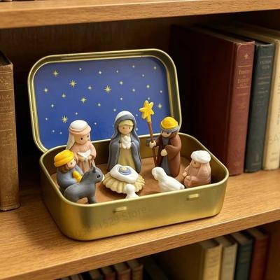 Holy Family Nativity Manger Scene Kit Metal Tin Box Xmas Manger Ornaments  Christmas Gifts