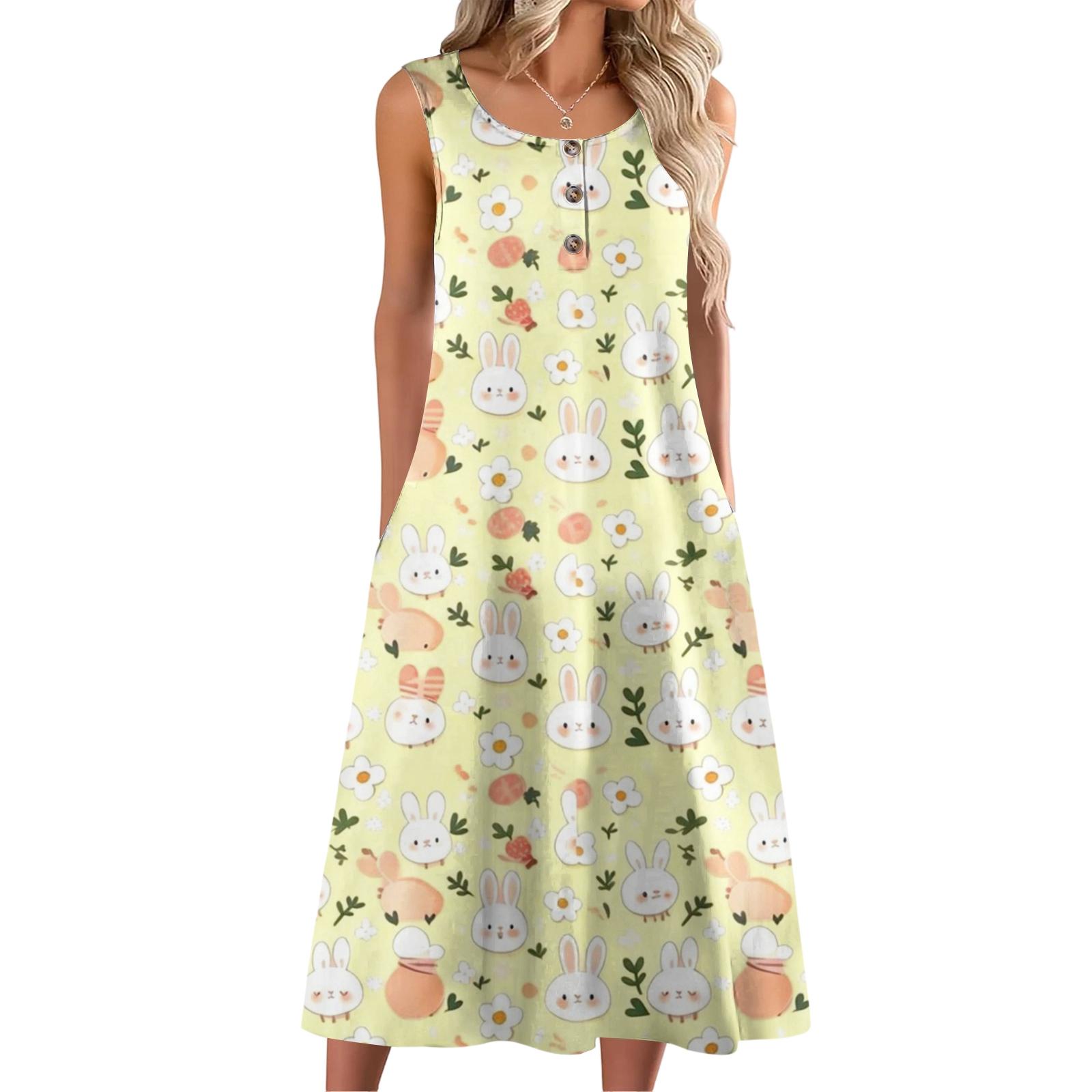 

Women Fashion Casual Sleeveless Button Easter Print Dress With Pocket XL жовтий